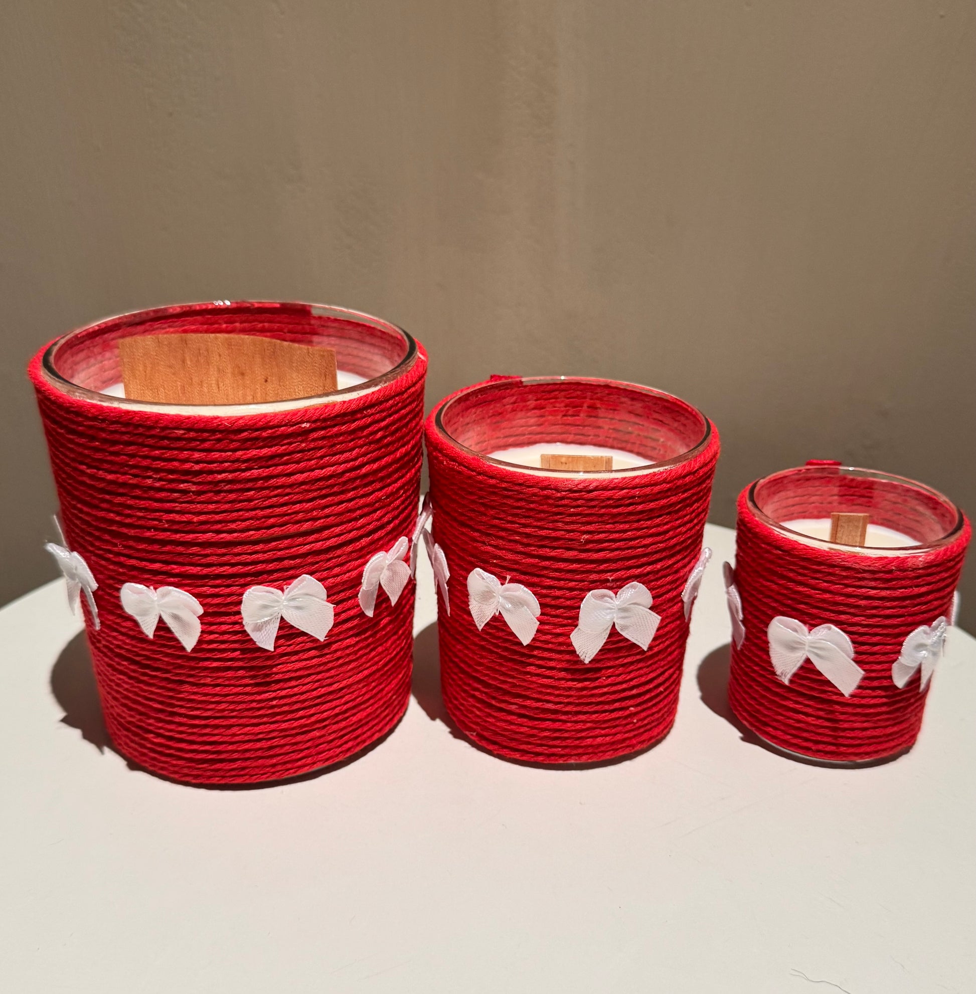 3 Red Christmas White little bow Candles